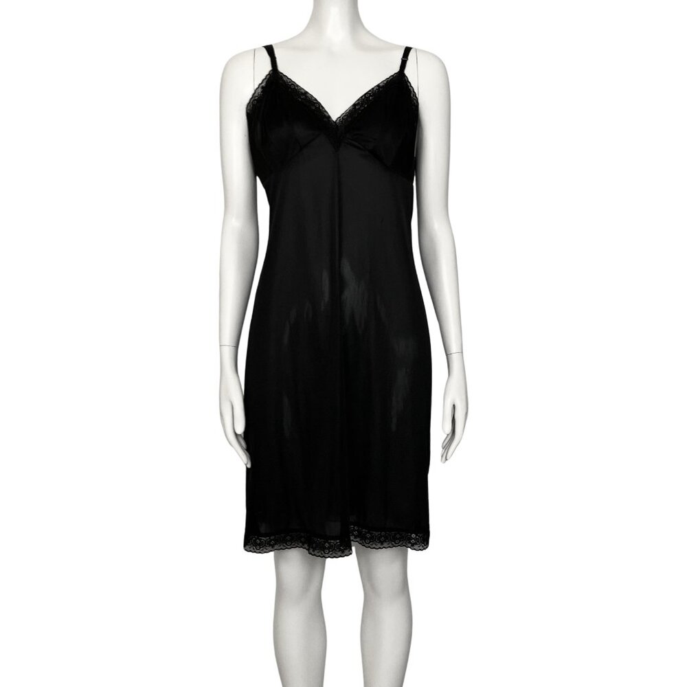 Vintage Black Satin Lingerie Slip Dress Lace Trim Chemise. M/L 22. Boho Coquette - Picture 2 of 12